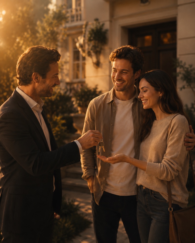 An agent handing over the keys to a happy couple